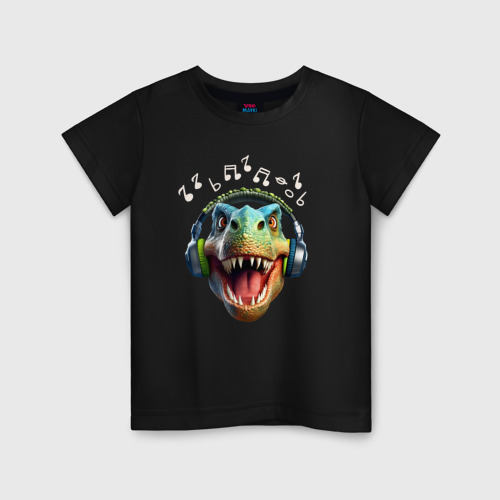 Детская футболка из хлопка с принтом Тиранозавр в наушниках, вид спереди №1