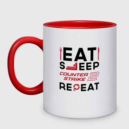 Кружка двухцветная Надпись: eat sleep Counter-Strike 2 repeat, цвет белый + красный
