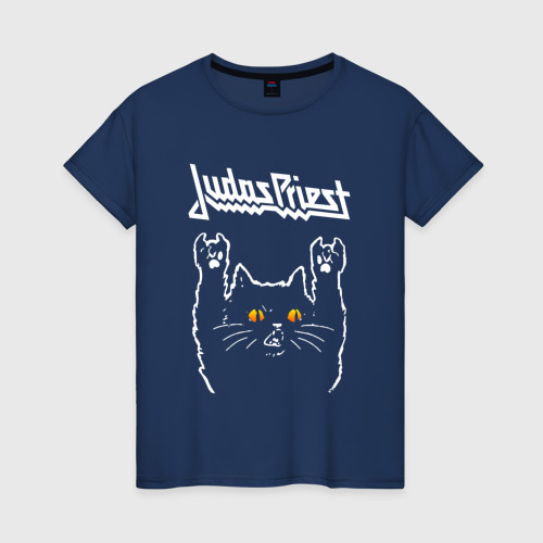 Женская футболка из хлопка с принтом Judas Priest rock cat, вид спереди №1