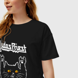 Женская футболка хлопок Oversize Judas Priest rock cat - фото 2