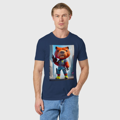 Мужская футболка хлопок с принтом Крутой кроха капибара - киберпанк - нейросеть, фото на моделе #1