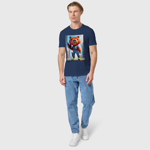 Мужская футболка хлопок с принтом Крутой кроха капибара - киберпанк - нейросеть, вид сбоку #3
