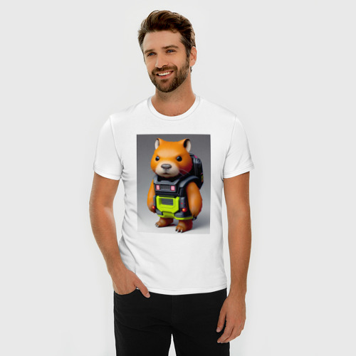Мужская футболка хлопок Slim с принтом Baby capybara - cyberpunk - neural network, фото на моделе #1