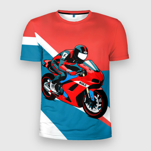 Мужская футболка 3D Slim с принтом Нарисованный мотоциклист, вид спереди #2