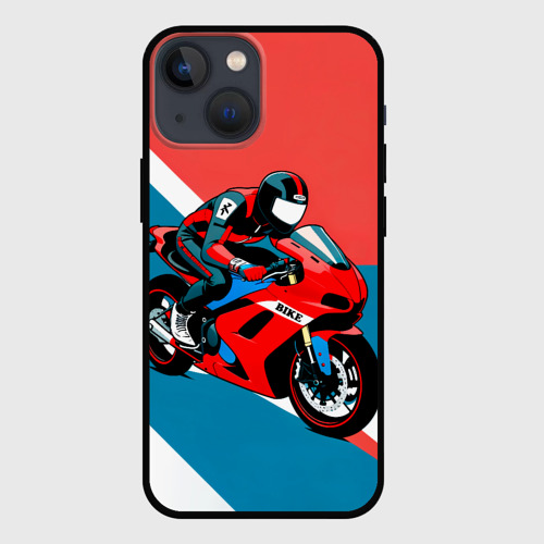 Чехол для iPhone 13 mini с принтом Нарисованный мотоциклист, вид спереди #2
