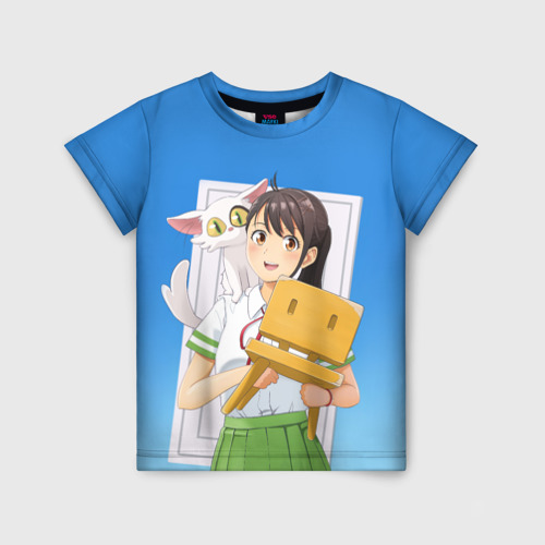 Детская футболка с принтом Судзуме с котом и стульчиком, вид спереди №1