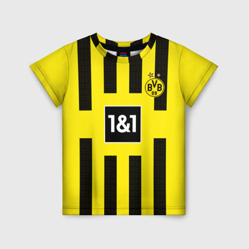Детская футболка с принтом ФК Боруссия Дортмунд форма 22-23 домашняя, вид спереди №1