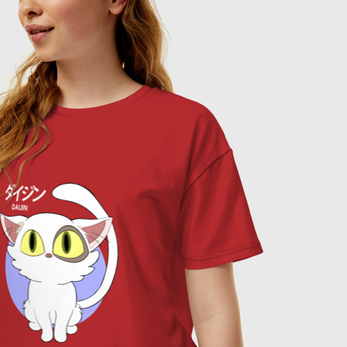 Женская футболка хлопок Oversize Судзумэ закрывающая двери: Котик белый, цвет красный - фото 3
