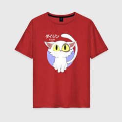 Женская футболка хлопок Oversize Судзумэ закрывающая двери: Котик белый