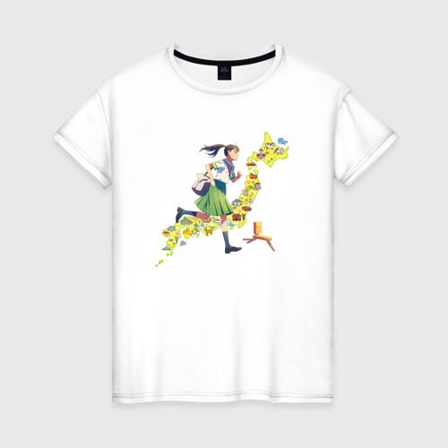 Женская футболка из хлопка с принтом Судзумэ бежит по Японии, вид спереди №1