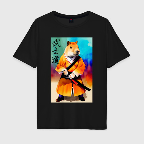 Мужская футболка хлопок Oversize с принтом Капибара - Бусидо - кодекс самурая - нейросеть, вид спереди #2