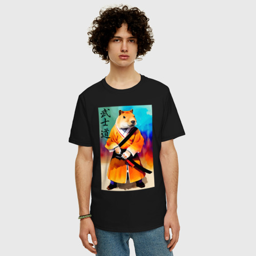 Мужская футболка хлопок Oversize с принтом Капибара - Бусидо - кодекс самурая - нейросеть, фото на моделе #1
