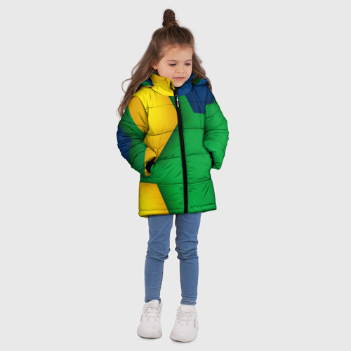 Зимняя куртка для девочек 3D с принтом Зелёный фон и куски шестиугольников, вид сбоку #3