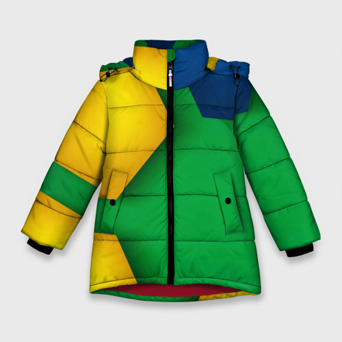 Зимняя куртка для девочек 3D с принтом Зелёный фон и куски шестиугольников, вид спереди #2