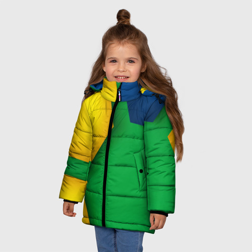 Зимняя куртка для девочек 3D с принтом Зелёный фон и куски шестиугольников, фото на моделе #1