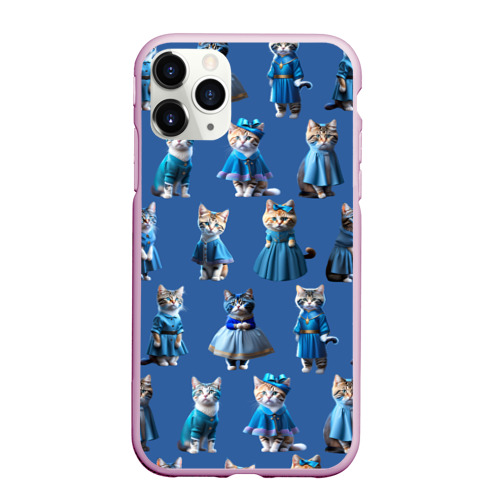 Чехол для iPhone 11 Pro Max матовый с принтом Коты в голубых костюмчиках - синий фон, вид спереди #2