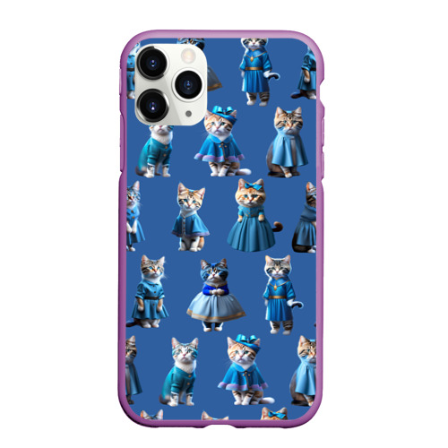 Чехол для iPhone 11 Pro Max матовый Коты в голубых костюмчиках - синий фон, цвет фиолетовый