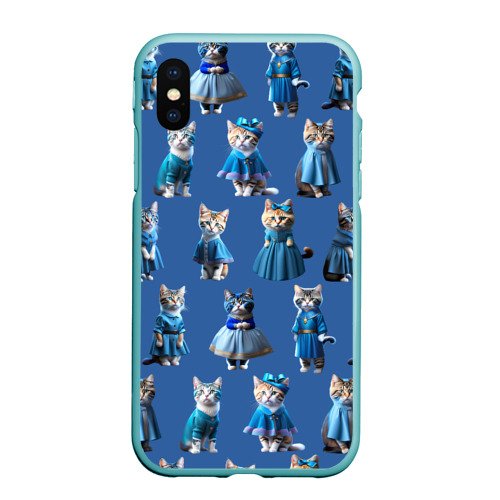 Чехол для iPhone XS Max матовый Коты в голубых костюмчиках - синий фон, цвет мятный