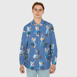 Мужская рубашка oversize 3D Коты в голубых костюмчиках - синий фон - фото 2