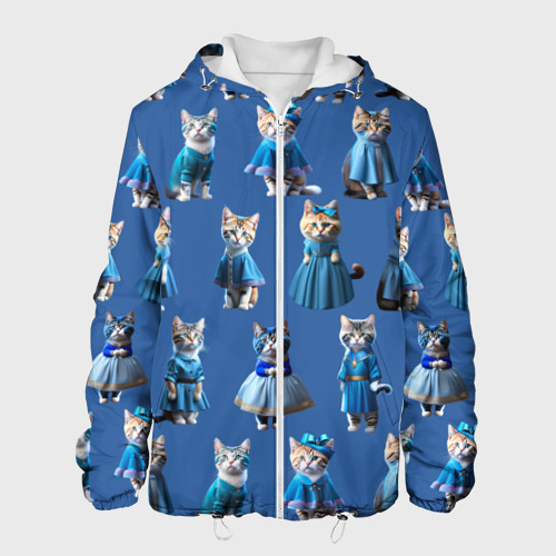 Мужская куртка 3D с принтом Коты в голубых костюмчиках - синий фон, вид спереди #2
