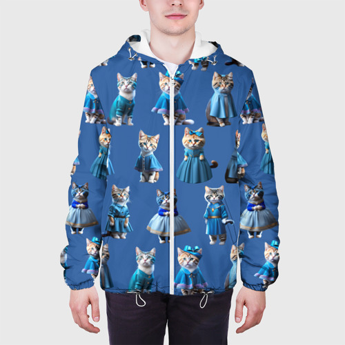 Мужская куртка 3D с принтом Коты в голубых костюмчиках - синий фон, вид сбоку #3