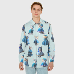 Мужская рубашка oversize 3D Коты в голубых костюмчиках - голубой фон - фото 2