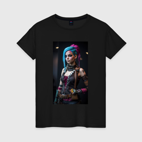 Женская футболка хлопок Jinx model Arcane League of Legends, цвет черный