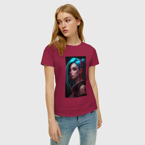 Женская футболка хлопок с принтом Jinx art Arcane League of Legends, фото на моделе #1