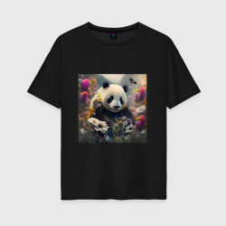Панда в цветах - нейросеть – Женская футболка хлопок Oversize с принтом купить со скидкой в -16%