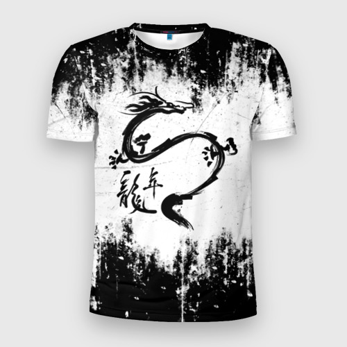 Мужская футболка 3D Slim с принтом Японский дракон с иероглифами, вид спереди #2