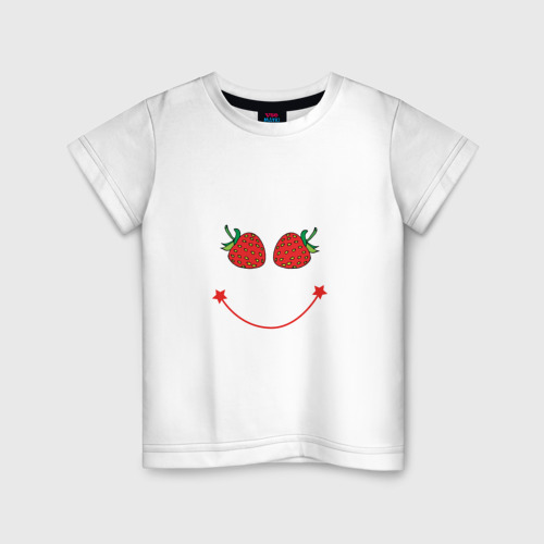 Детская футболка из хлопка с принтом Добрая клубничная улыбка, вид спереди №1