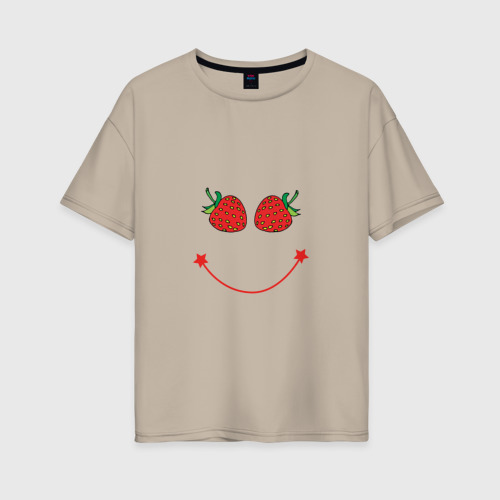 Женская футболка хлопок Oversize Добрая клубничная улыбка, цвет миндальный