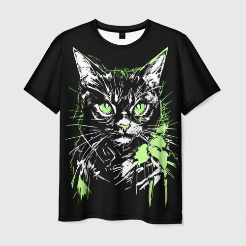 Мужская футболка с принтом Green cat, вид спереди №1