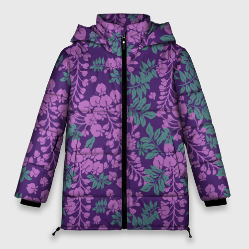 Женская зимняя куртка 3D с принтом Сиреневый рай, вид спереди #2