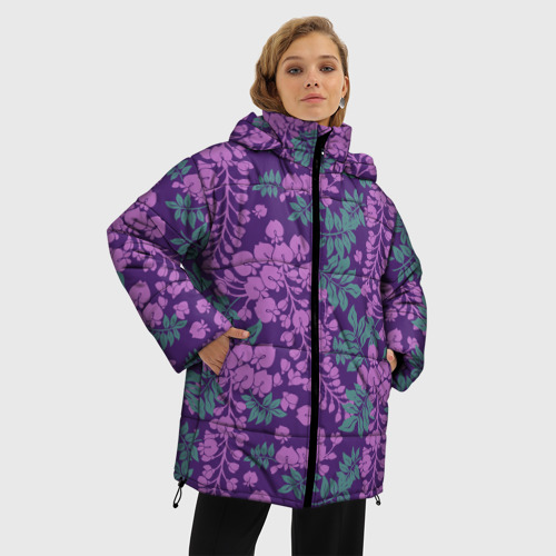 Женская зимняя куртка 3D с принтом Сиреневый рай, фото на моделе #1