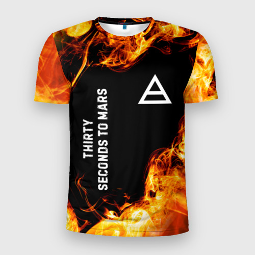 Мужская футболка приталенная с принтом Thirty Seconds to Mars и пылающий огонь, вид спереди №1