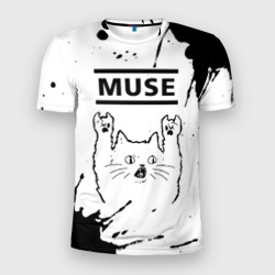 Мужская футболка 3D Slim Muse рок кот на светлом фоне