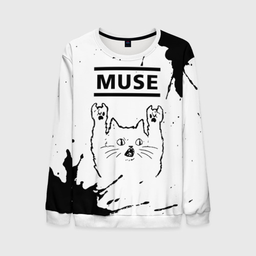 Мужской свитшот 3D Muse рок кот на светлом фоне, цвет белый