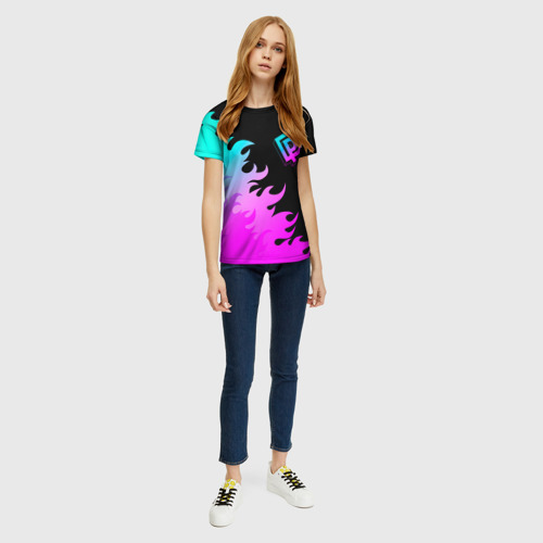Женская футболка 3D с принтом Deep Purple неоновый огонь, вид сбоку #3