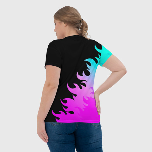 Женская футболка 3D с принтом Deep Purple неоновый огонь, вид сзади #2