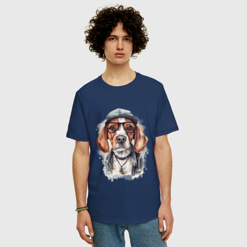 Мужская футболка хлопок Oversize Бигль арт, цвет темно-синий - фото 3