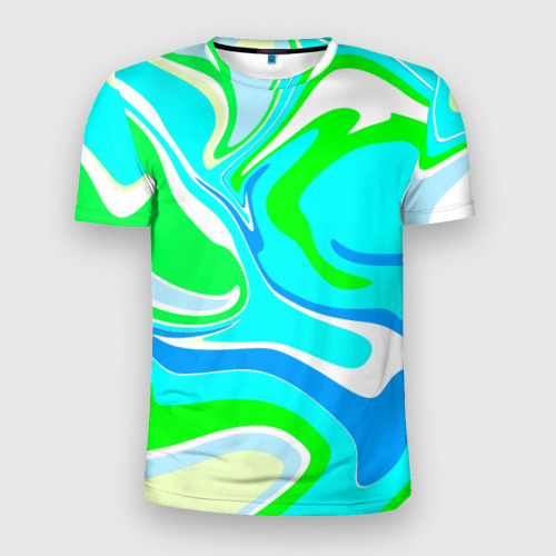 Мужская футболка 3D Slim с принтом Абстракция сине-зеленая, вид спереди #2