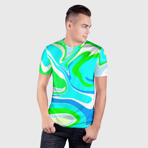 Мужская футболка 3D Slim с принтом Абстракция сине-зеленая, фото на моделе #1