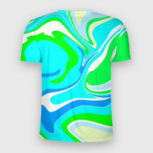 Мужская футболка 3D Slim с принтом Абстракция сине-зеленая, вид сзади #1
