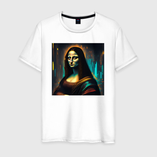 Мужская футболка из хлопка с принтом Мона Лиза в стиле Киберпанк - нейросеть, вид спереди №1