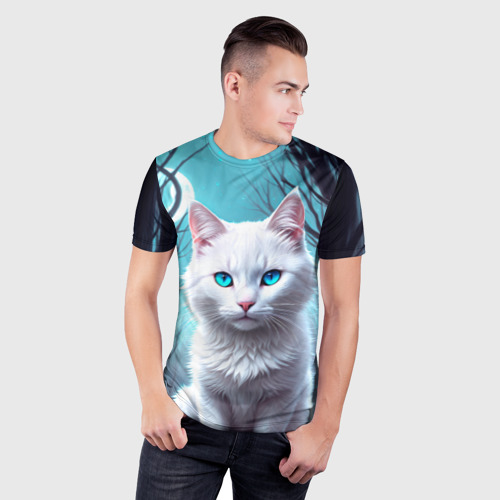 Мужская футболка 3D Slim с принтом Фэнтези кот белый, фото на моделе #1