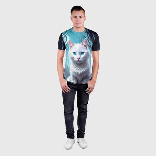 Мужская футболка 3D Slim с принтом Фэнтези кот белый, вид сбоку #3