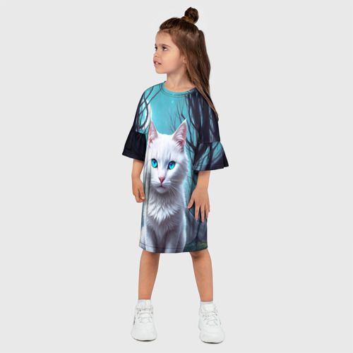 Детское платье 3D с принтом Фэнтези кот белый, фото на моделе #1