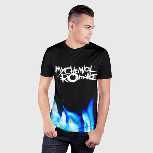 Мужская футболка 3D Slim с принтом My Chemical Romance blue fire, фото на моделе #1