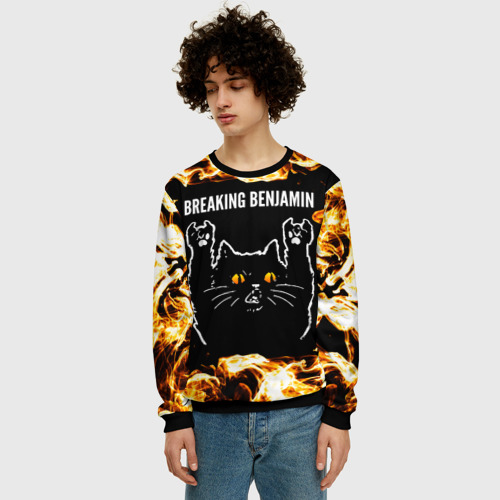 Мужской свитшот 3D Breaking Benjamin рок кот и огонь, цвет черный - фото 3